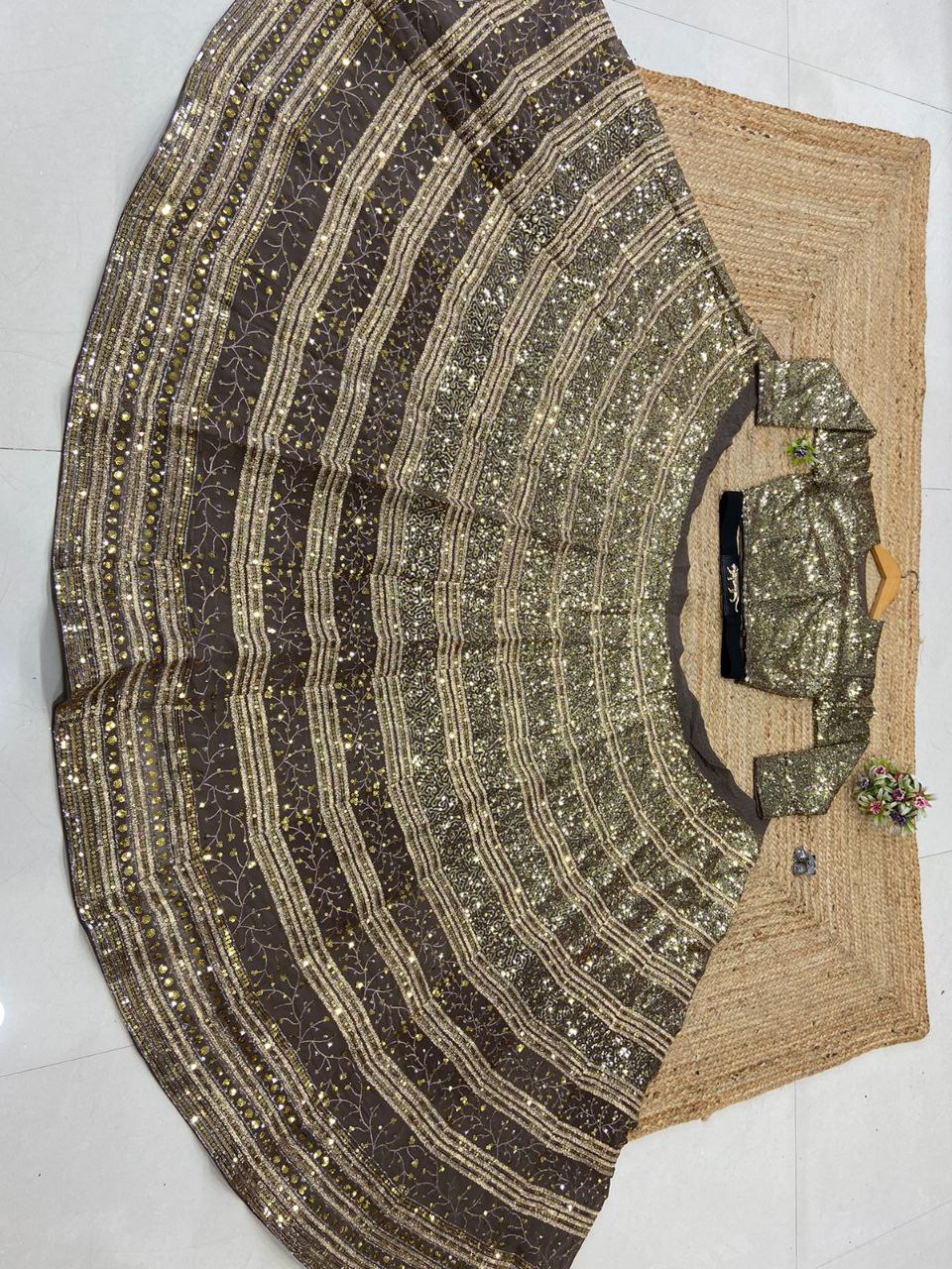 Brown Premium Faux Georgette Embellished With Beautiful Embroidery,Zari ,Coding And Beautiful Sequins Work | Ready To Wear - qivii