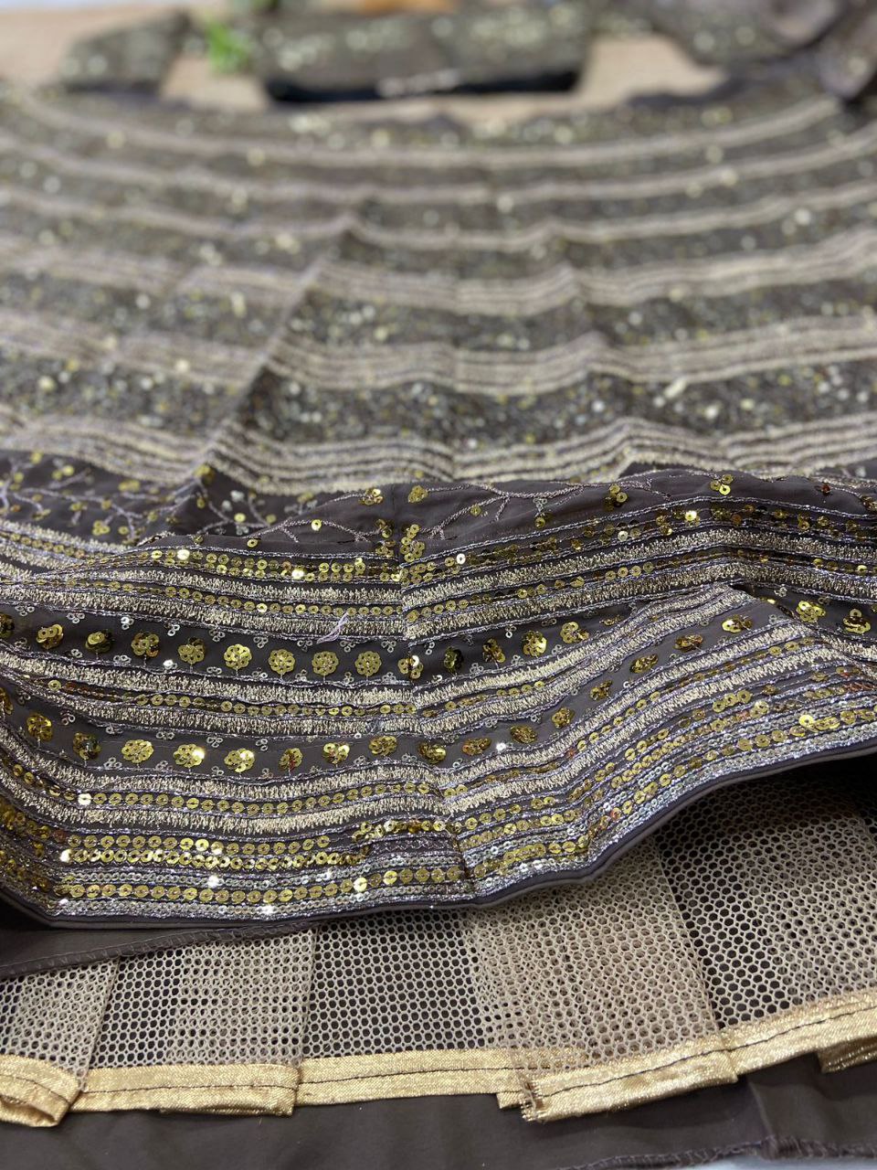 Brown Premium Faux Georgette Embellished With Beautiful Embroidery,Zari ,Coding And Beautiful Sequins Work | Ready To Wear - qivii