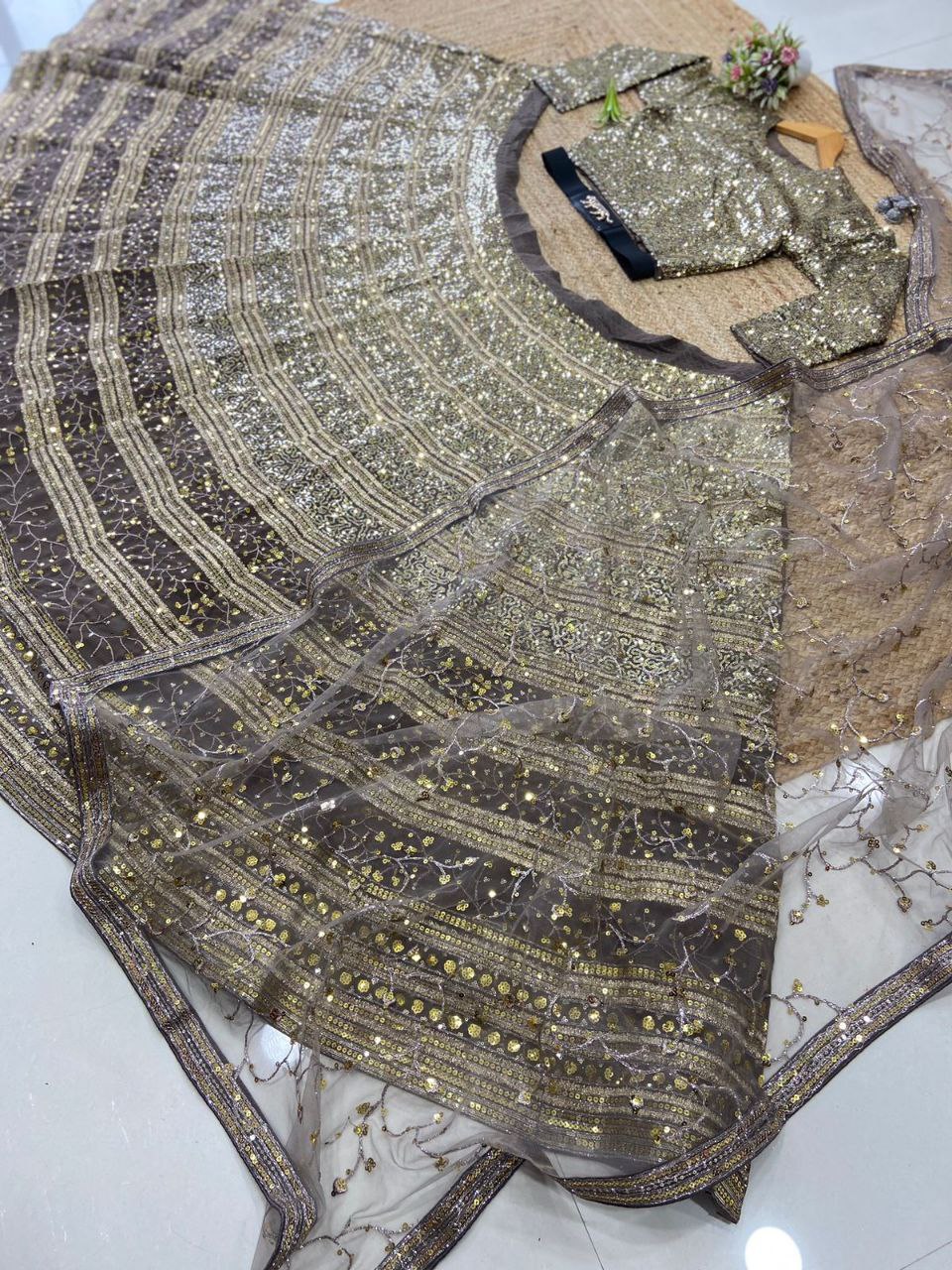 Brown Premium Faux Georgette Embellished With Beautiful Embroidery,Zari ,Coding And Beautiful Sequins Work | Ready To Wear - qivii