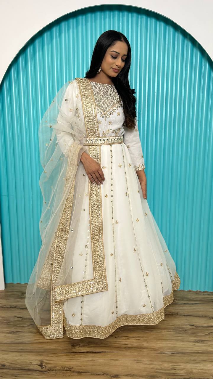 White Georgette gown with sequin , zari & dori work | Ready To Wear - qivii