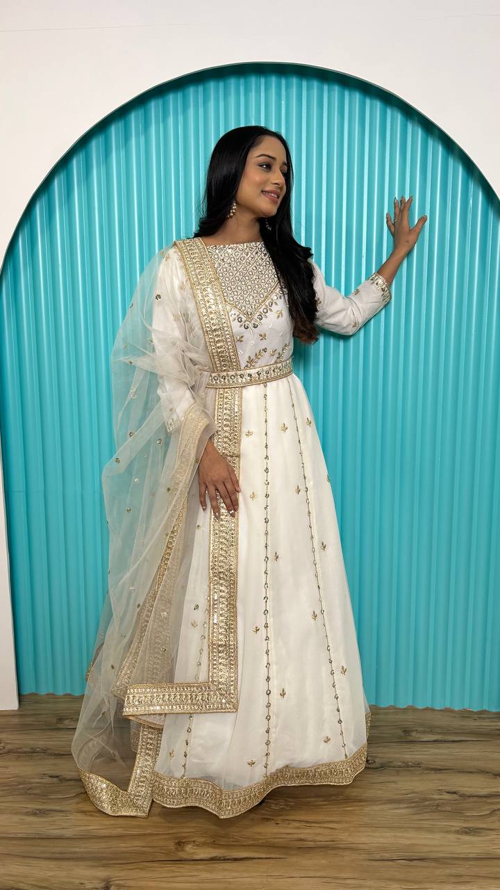 White Georgette gown with sequin , zari & dori work | Ready To Wear - qivii
