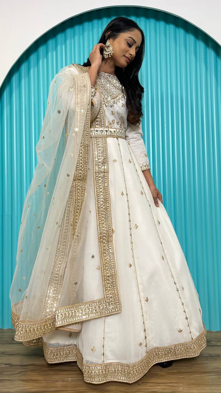 White Georgette gown with sequin , zari & dori work | Ready To Wear - qivii
