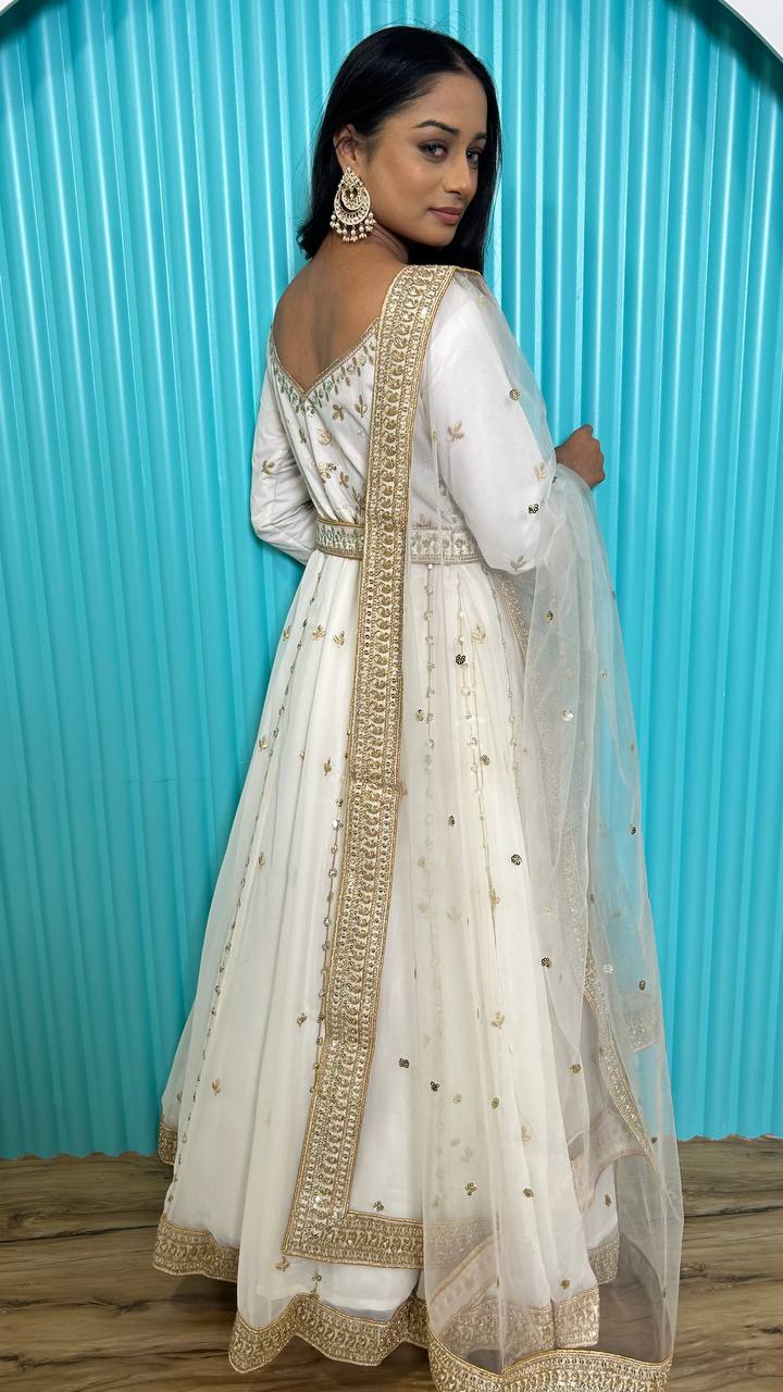 White Georgette gown with sequin , zari & dori work | Ready To Wear - qivii