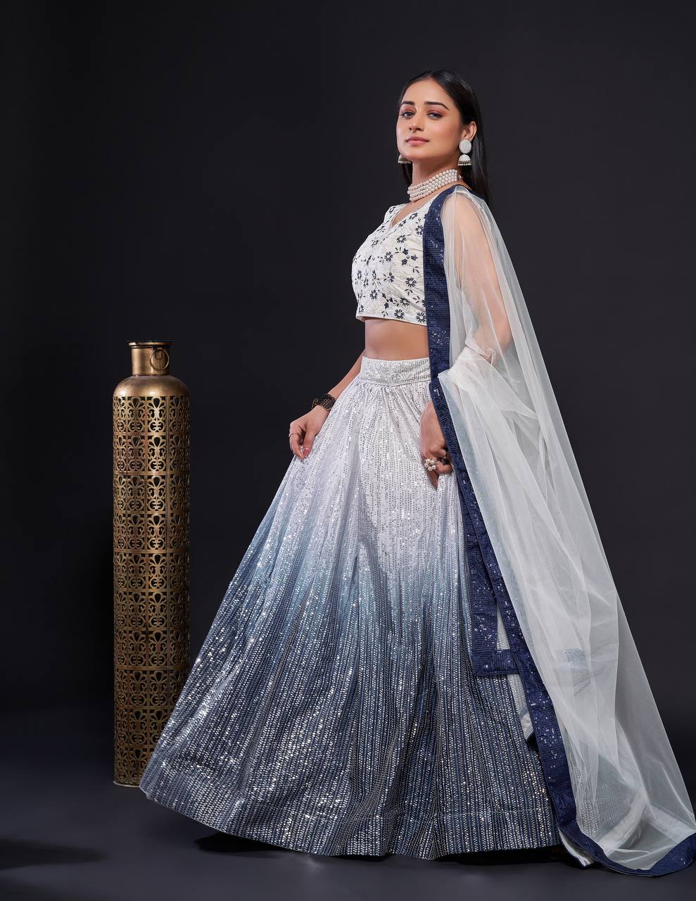 White Shaded Georgette silk lehnga with sequins work | Ready To Wear - qivii