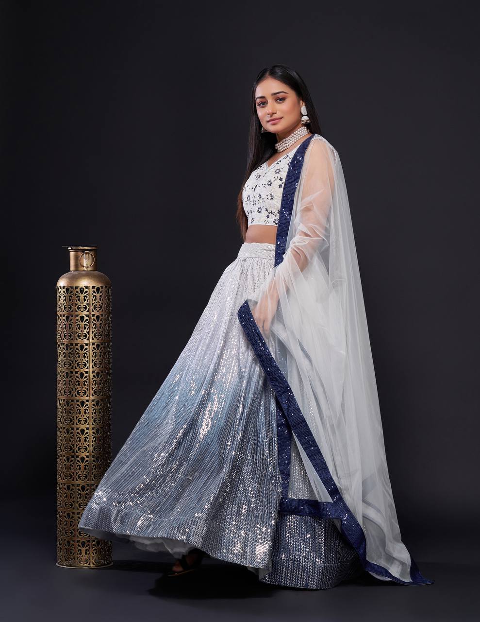 White Shaded Georgette silk lehnga with sequins work | Ready To Wear - qivii