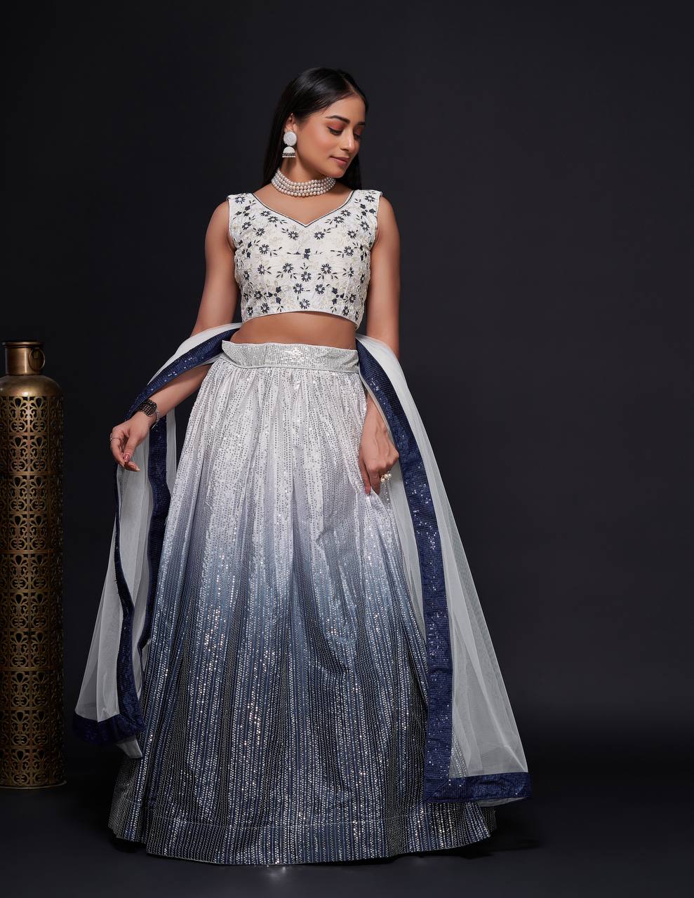 White Shaded Georgette silk lehnga with sequins work | Ready To Wear - qivii