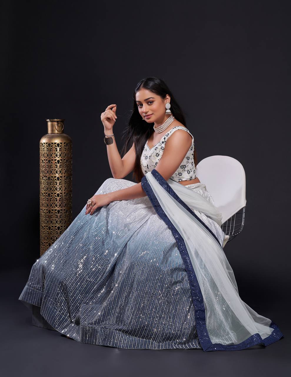 White Shaded Georgette silk lehnga with sequins work | Ready To Wear - qivii