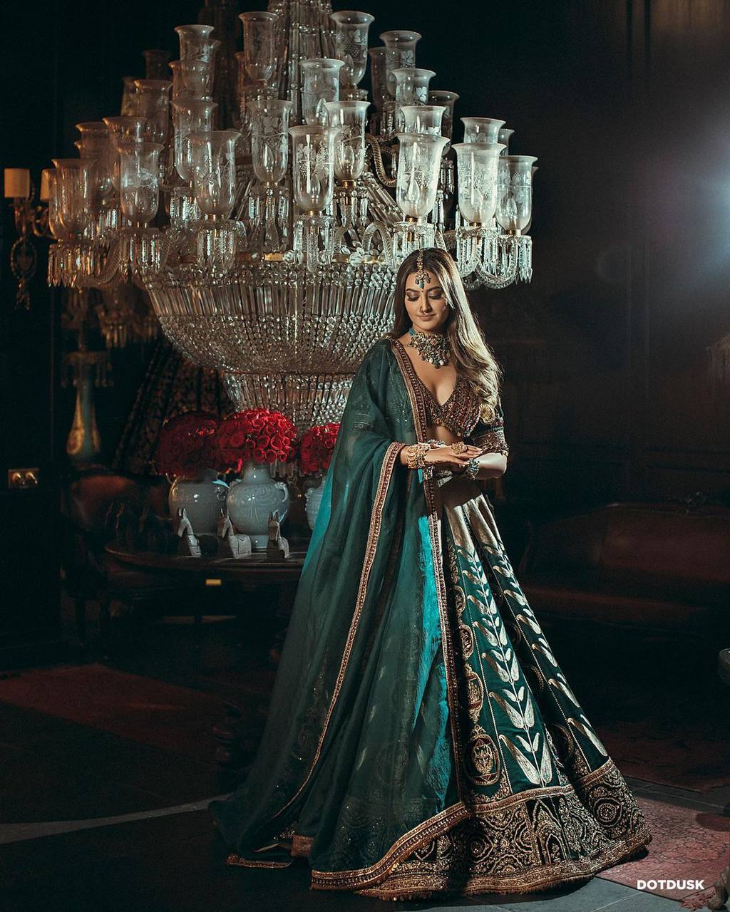 Green Mulmul silk lehnga with thread , zari , dori & sequins work - INSPIRED | Ready To Wear - qivii