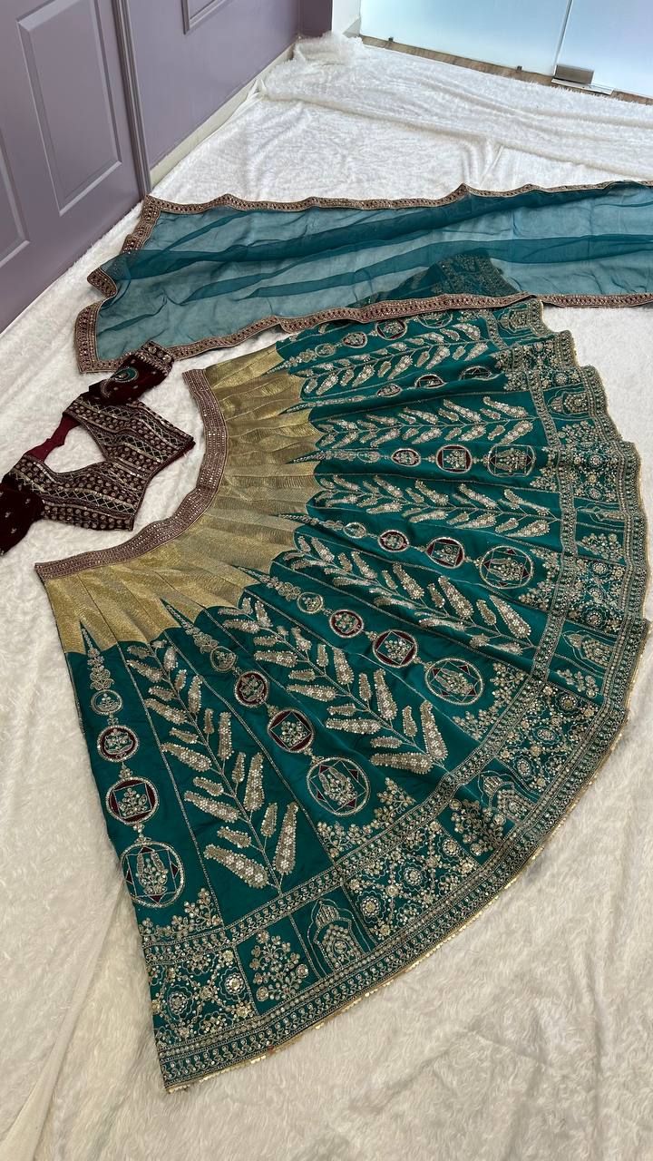 Green Mulmul silk lehnga with thread , zari , dori & sequins work - INSPIRED | Ready To Wear - qivii