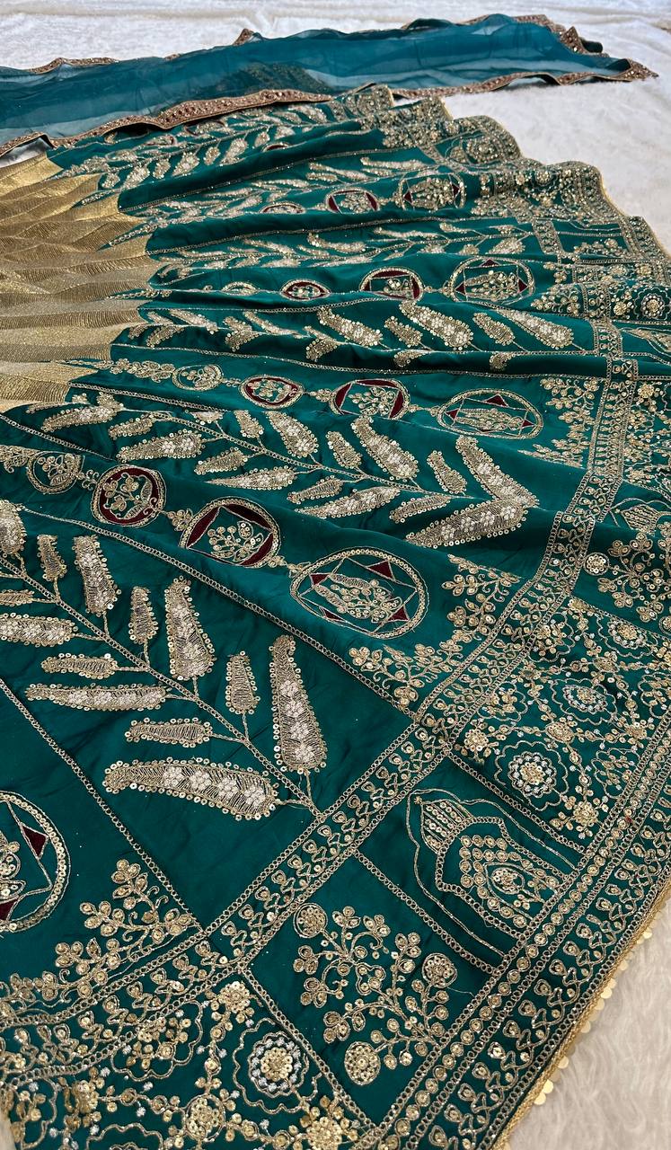 Green Mulmul silk lehnga with thread , zari , dori & sequins work - INSPIRED | Ready To Wear - qivii