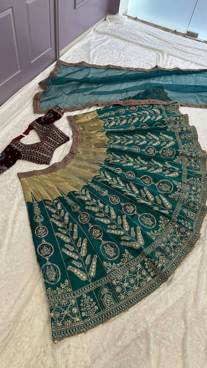 Green Mulmul silk lehnga with thread , zari , dori & sequins work - INSPIRED | Ready To Wear - qivii