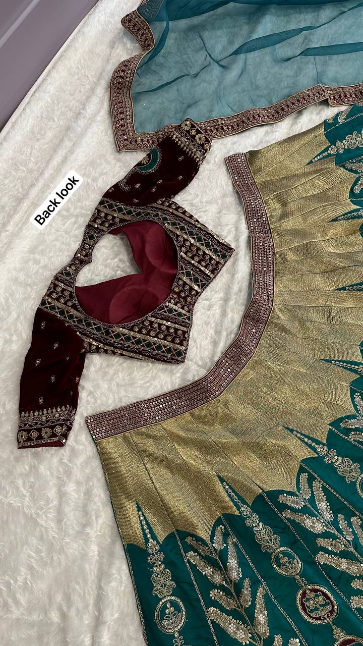 Green Mulmul silk lehnga with thread , zari , dori & sequins work - INSPIRED | Ready To Wear - qivii