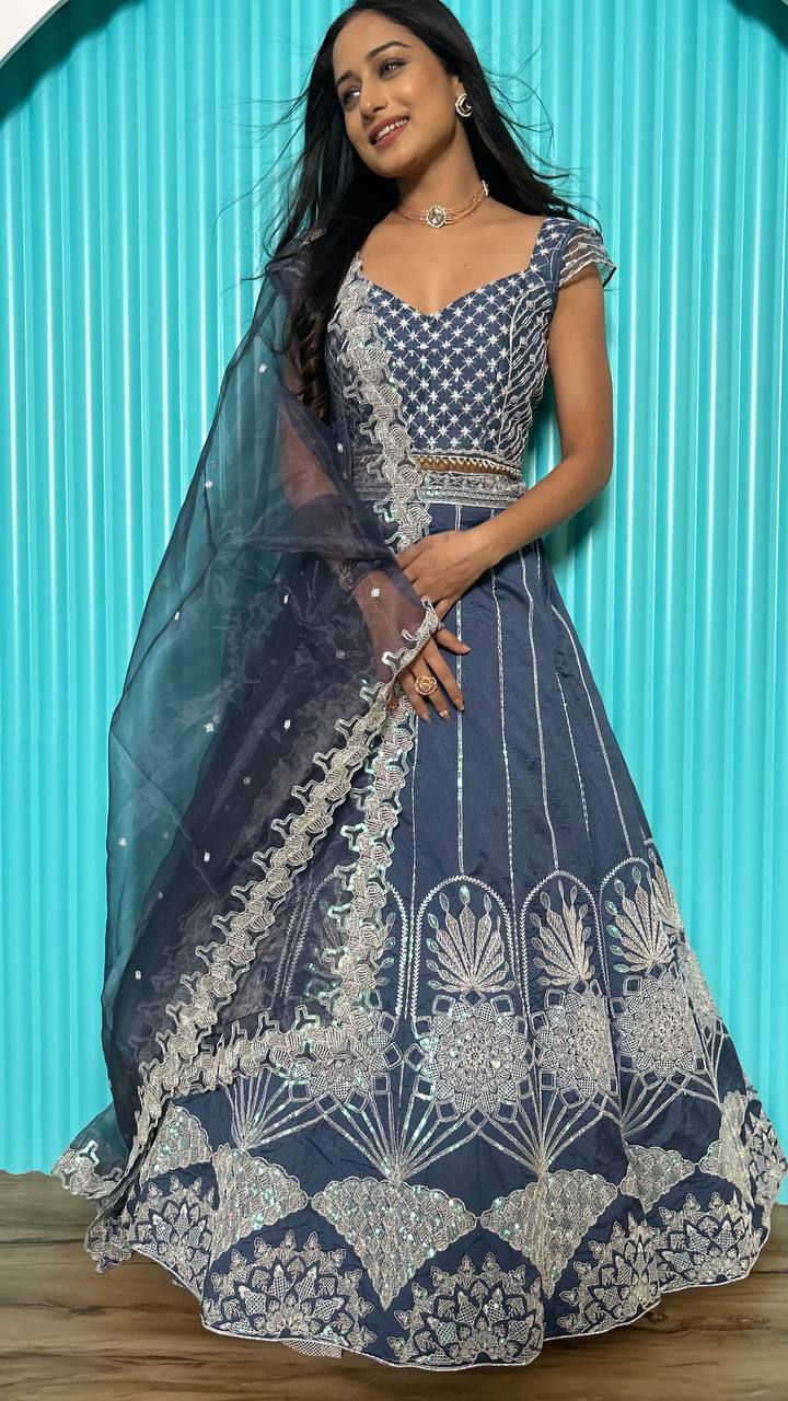 Grey Rangoon silk lehenga with rainbow sequins , thread & dori work | Ready To Wear - qivii