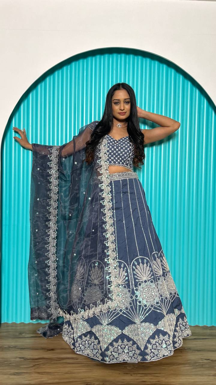 Grey Rangoon silk lehenga with rainbow sequins , thread & dori work | Ready To Wear - qivii