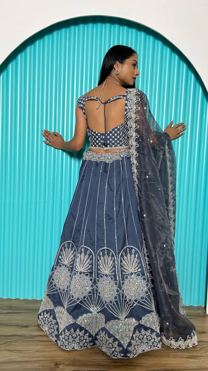 Grey Rangoon silk lehenga with rainbow sequins , thread & dori work | Ready To Wear - qivii