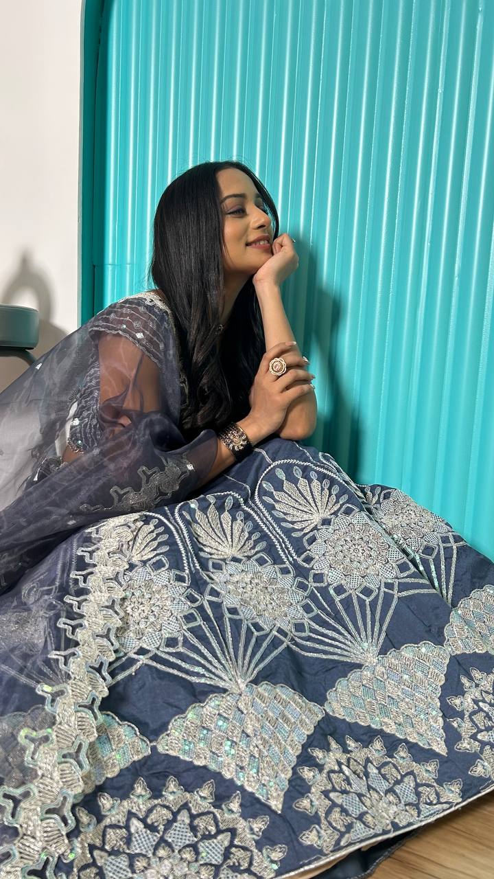Grey Rangoon silk lehenga with rainbow sequins , thread & dori work | Ready To Wear - qivii