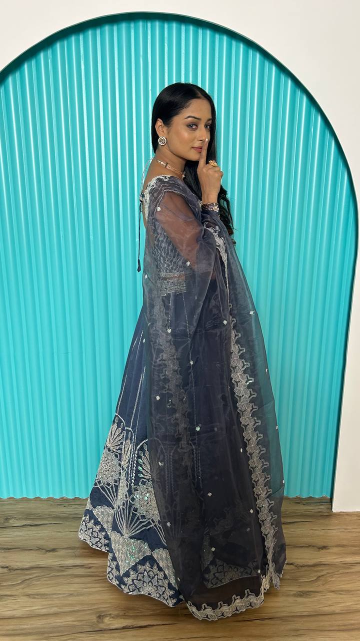 Grey Rangoon silk lehenga with rainbow sequins , thread & dori work | Ready To Wear - qivii