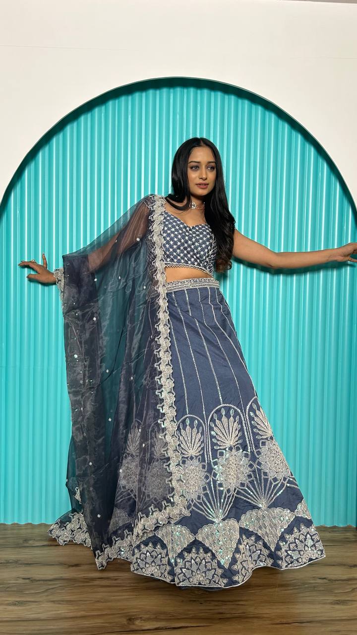 Grey Rangoon silk lehenga with rainbow sequins , thread & dori work | Ready To Wear - qivii