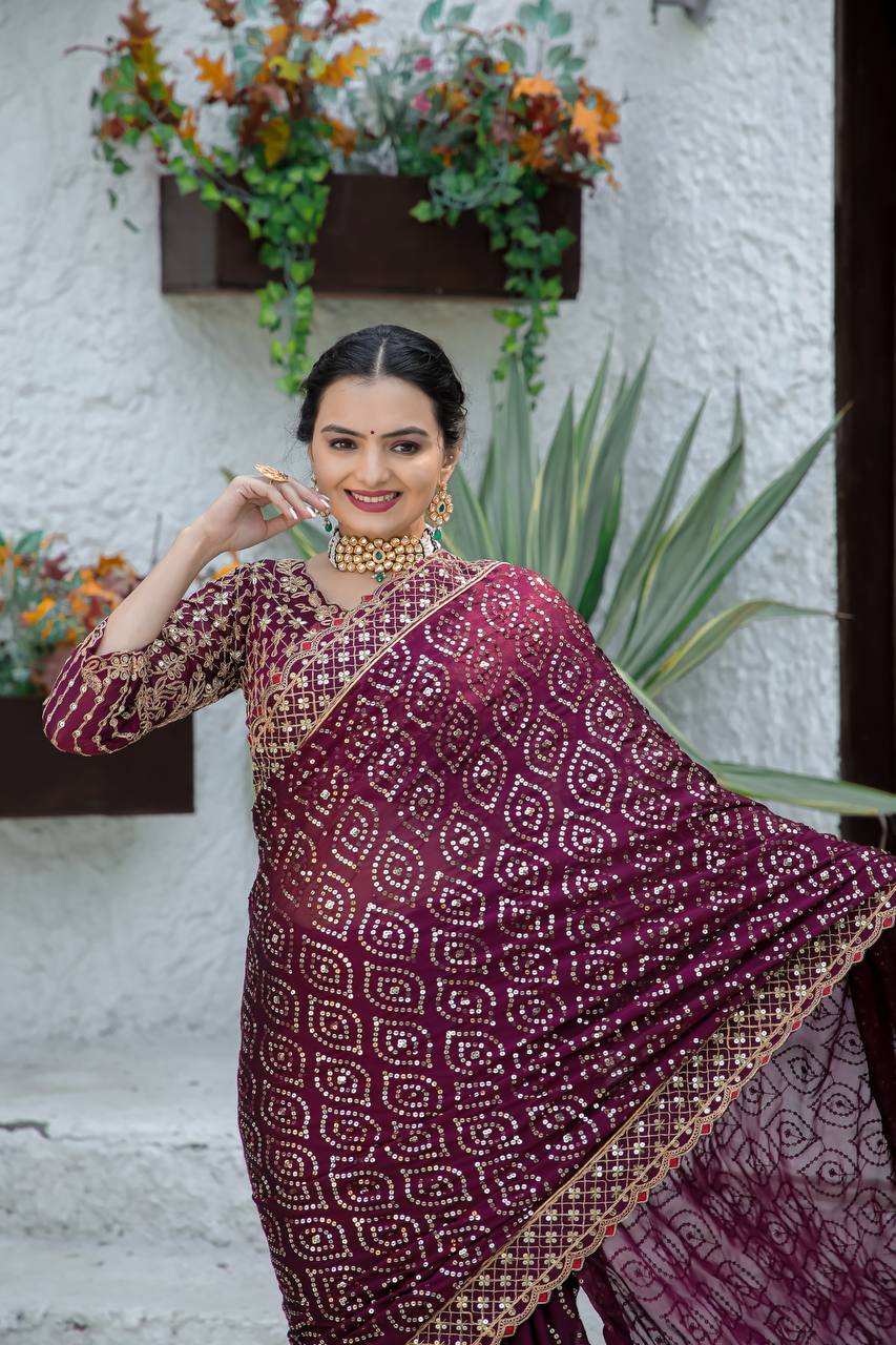 Purple Heavy Kasturi silk georgette saree with sequins , Dori & zari work - qivii