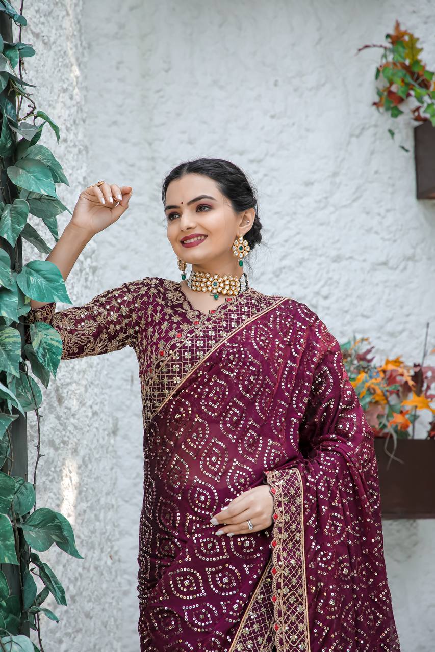 Purple Heavy Kasturi silk georgette saree with sequins , Dori & zari work - qivii