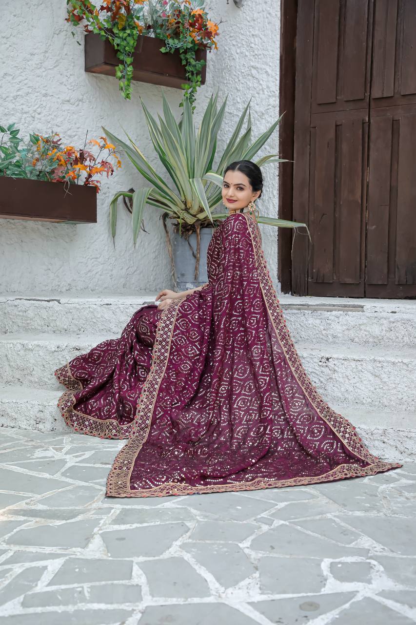 Purple Heavy Kasturi silk georgette saree with sequins , Dori & zari work - qivii