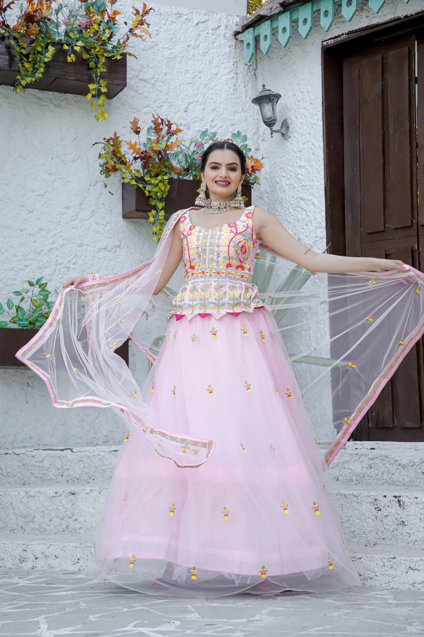 Pink Double layer net lehnga with thread work | Ready To Wear - qivii