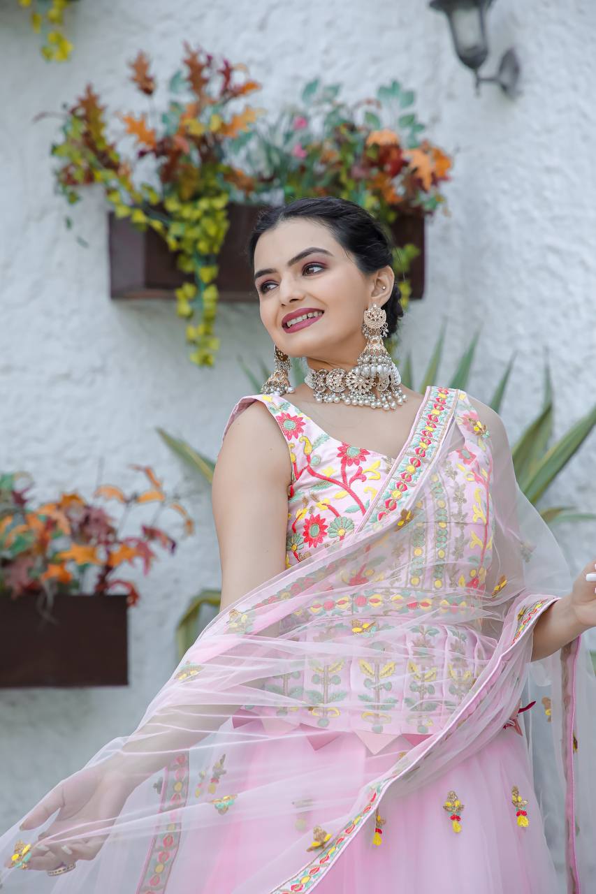 Pink Double layer net lehnga with thread work | Ready To Wear - qivii
