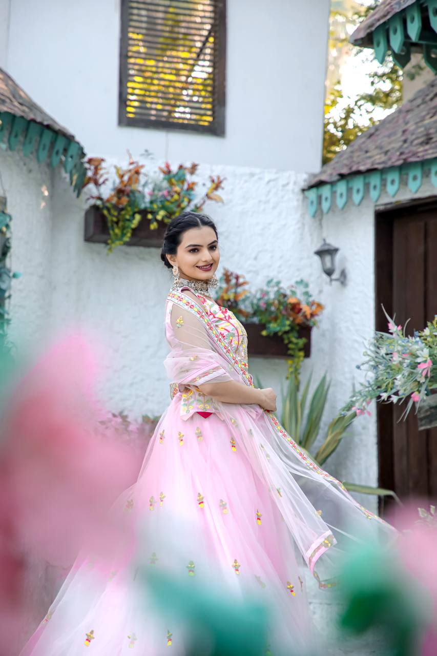Pink Double layer net lehnga with thread work | Ready To Wear - qivii