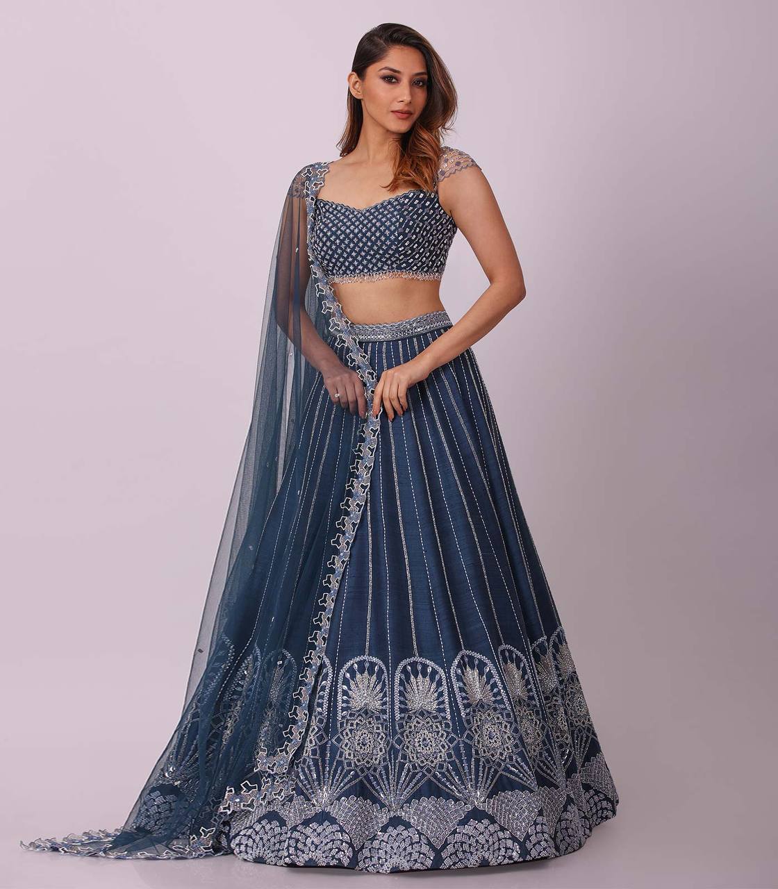 Blue silk lehenga with rainbow sequins , thread & dori work - INSPIRED | Ready To Wear - qivii
