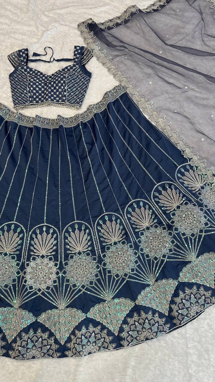 Blue silk lehenga with rainbow sequins , thread & dori work - INSPIRED | Ready To Wear - qivii