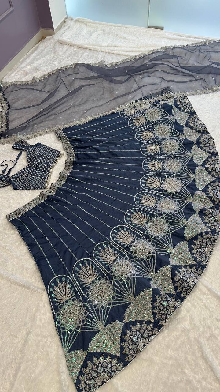 Blue silk lehenga with rainbow sequins , thread & dori work - INSPIRED | Ready To Wear - qivii