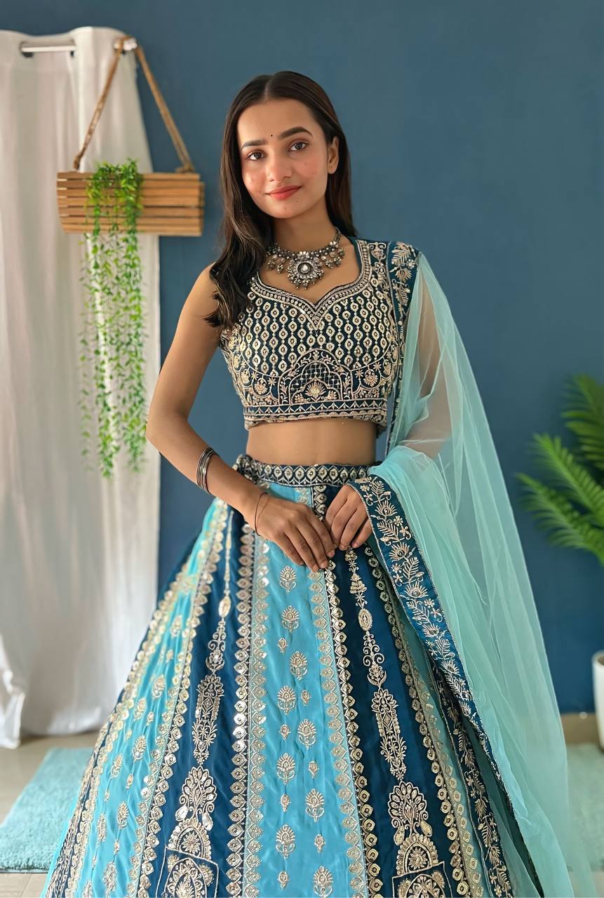BLUE FAUX GEORGEET WITH EMBROIDERY SEQUENCE ZARI DESIGN WORK LEHENGA - INSPIRED | Ready To Wear - qivii