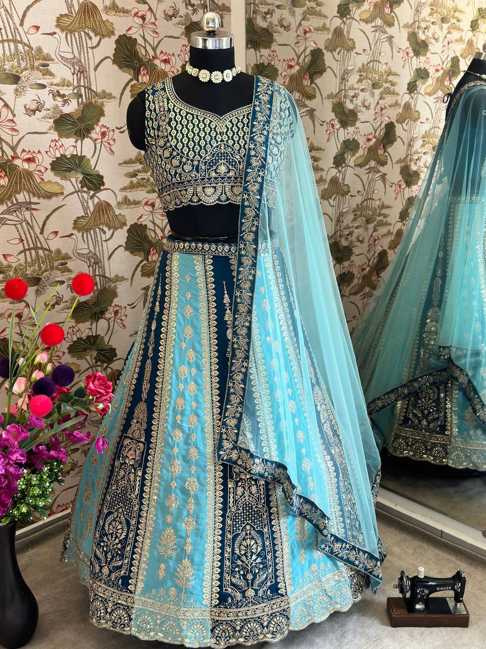 BLUE FAUX GEORGEET WITH EMBROIDERY SEQUENCE ZARI DESIGN WORK LEHENGA - INSPIRED | Ready To Wear - qivii