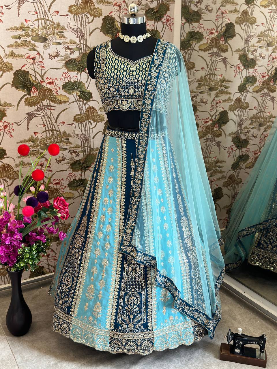 BLUE FAUX GEORGEET WITH EMBROIDERY SEQUENCE ZARI DESIGN WORK LEHENGA - INSPIRED | Ready To Wear - qivii