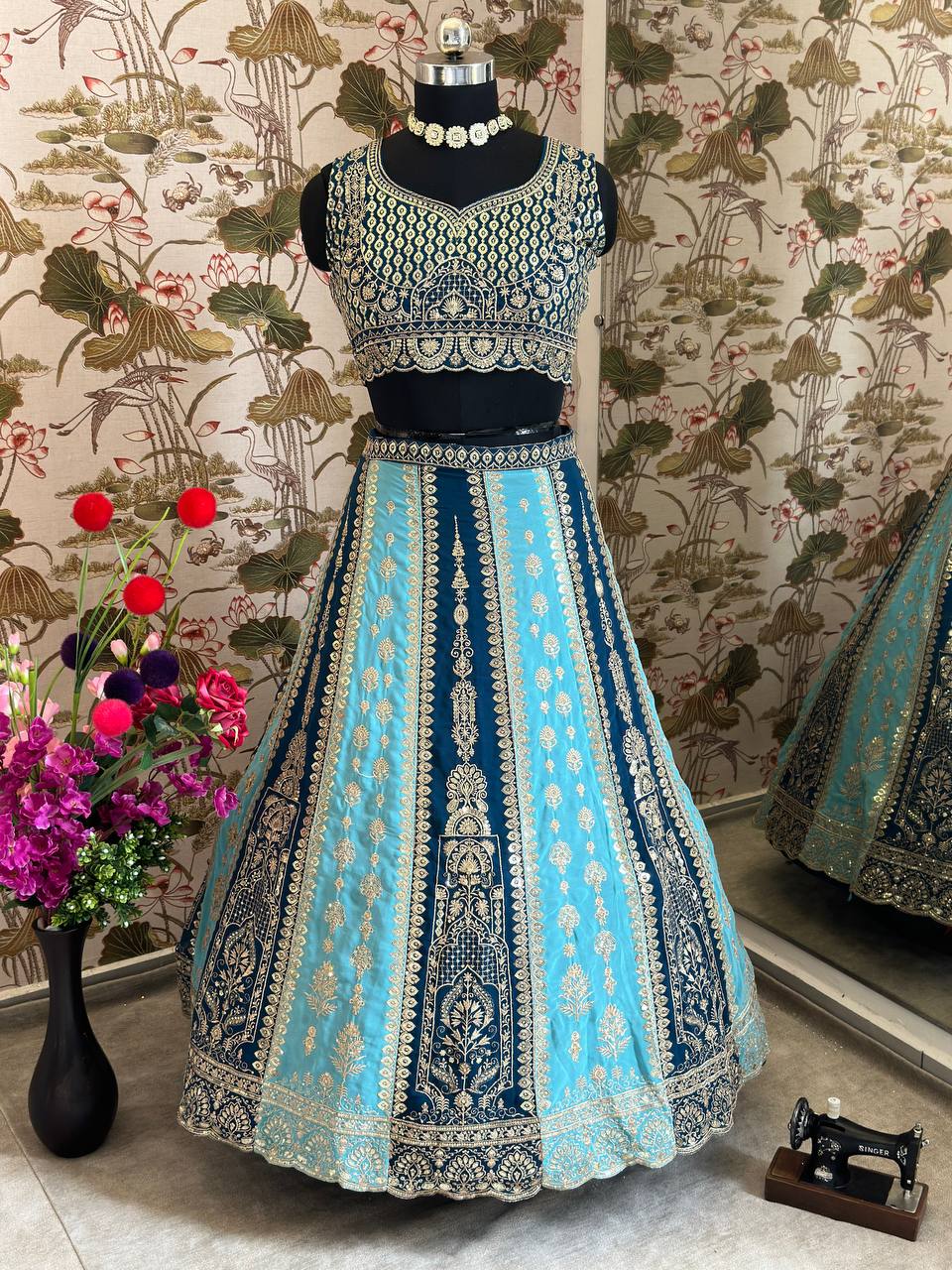 BLUE FAUX GEORGEET WITH EMBROIDERY SEQUENCE ZARI DESIGN WORK LEHENGA - INSPIRED | Ready To Wear - qivii