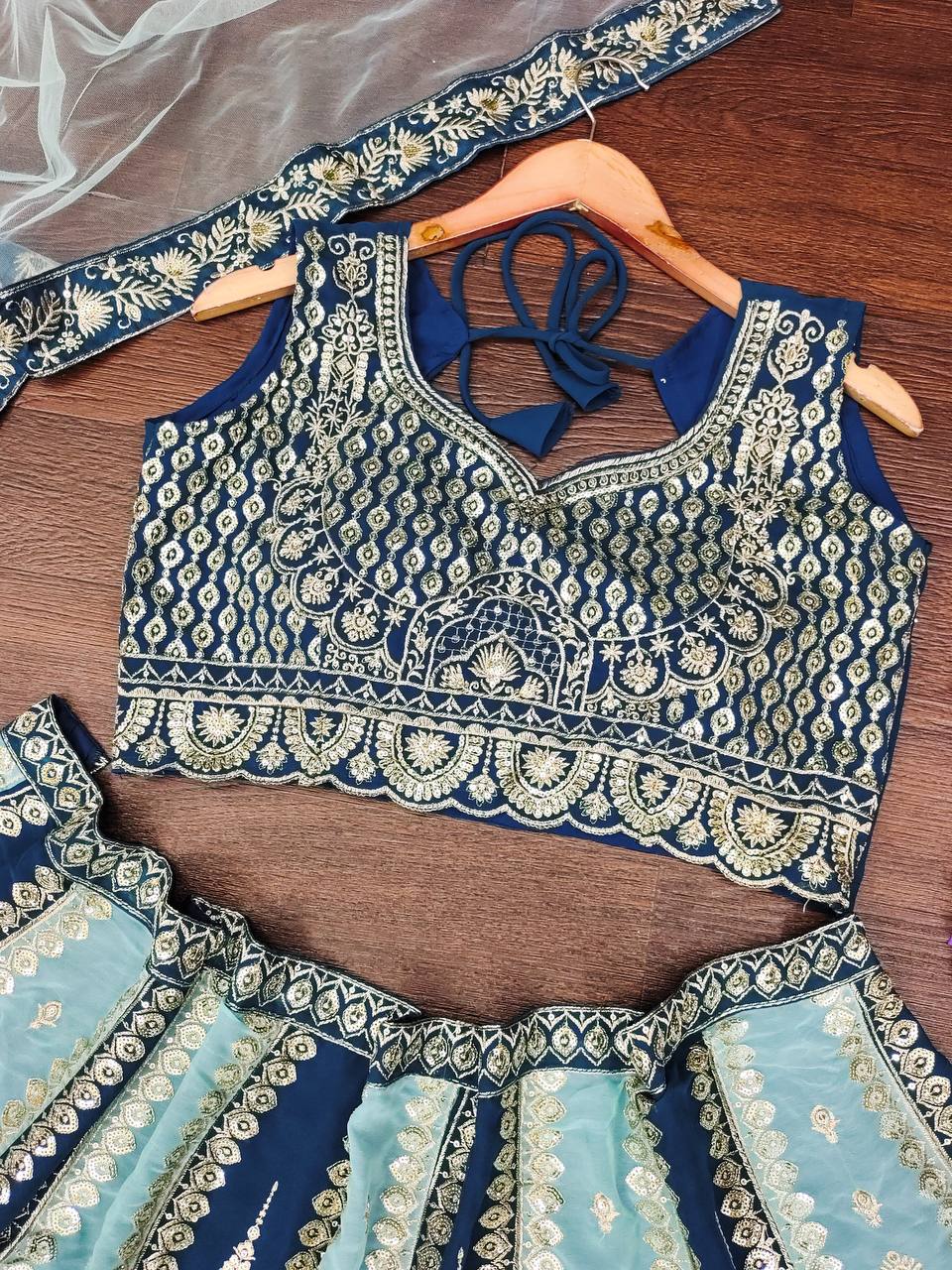 BLUE FAUX GEORGEET WITH EMBROIDERY SEQUENCE ZARI DESIGN WORK LEHENGA - INSPIRED | Ready To Wear - qivii