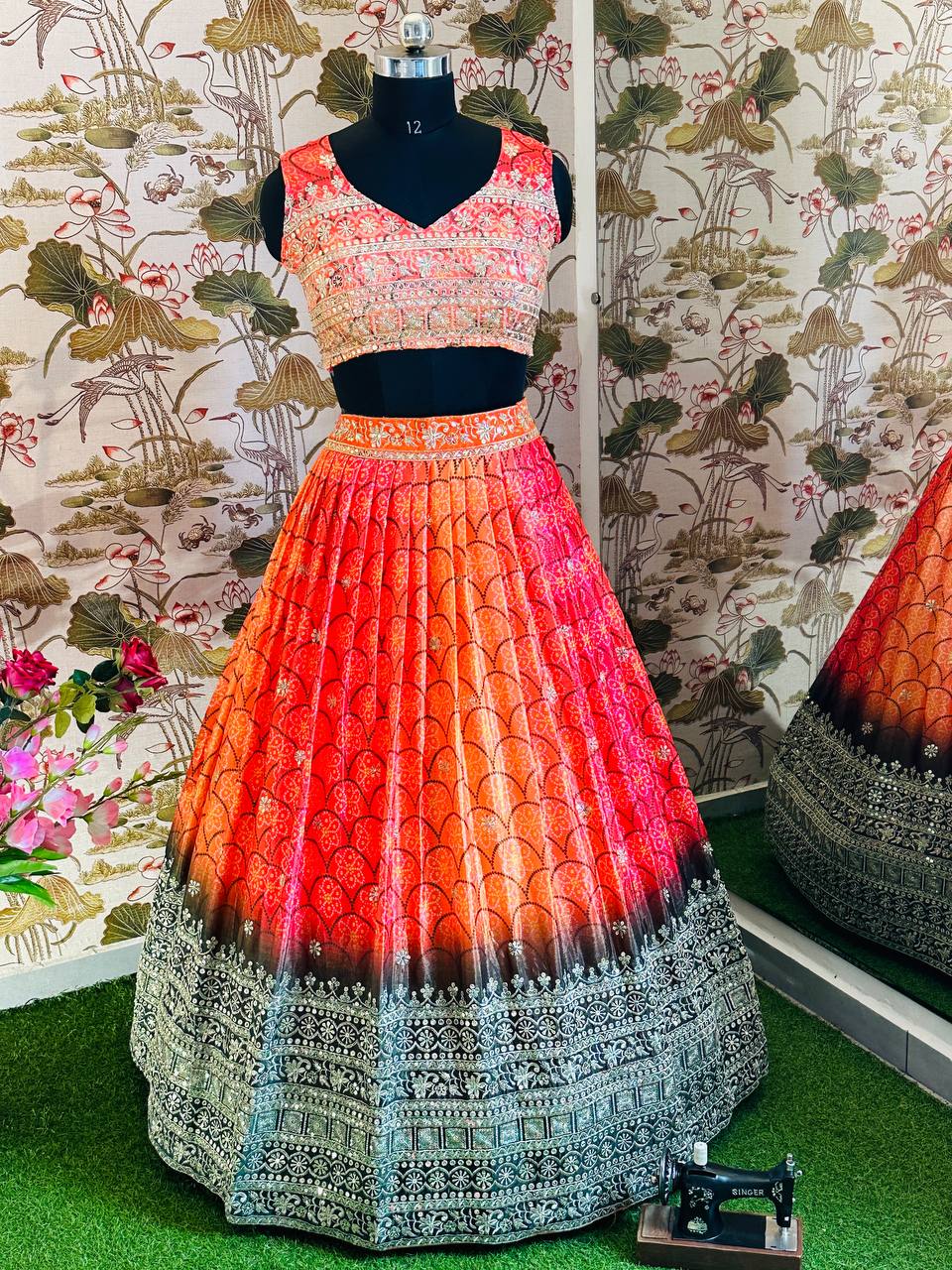 ORANGE CHINON SILK WITH DIGITAL PRINT AND EMBROIDERY SEQUENCE DESIGN WORK - INSPIRED | Ready To Wear - qivii
