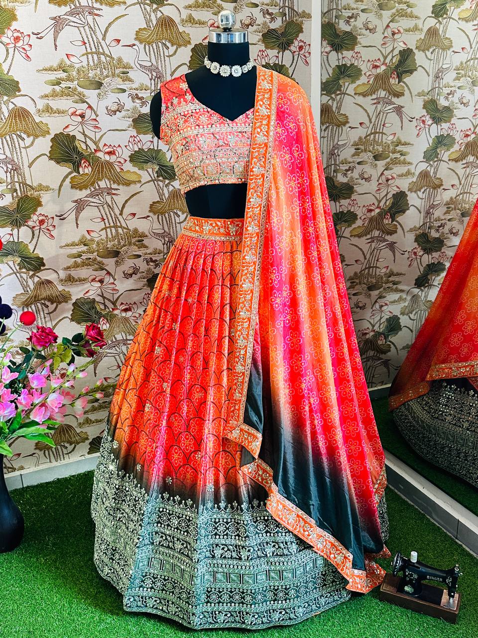 ORANGE CHINON SILK WITH DIGITAL PRINT AND EMBROIDERY SEQUENCE DESIGN WORK - INSPIRED | Ready To Wear - qivii