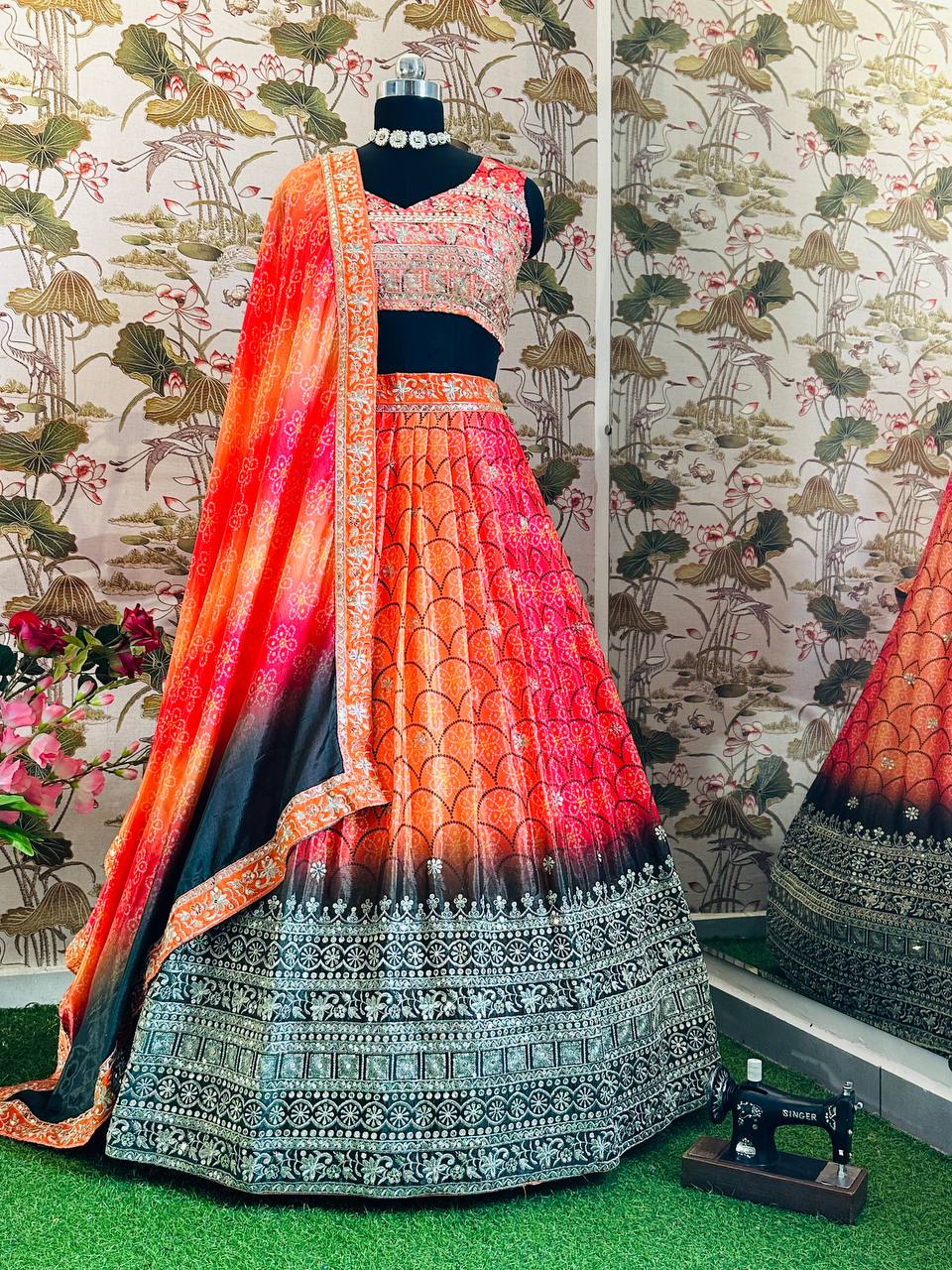 ORANGE CHINON SILK WITH DIGITAL PRINT AND EMBROIDERY SEQUENCE DESIGN WORK - INSPIRED | Ready To Wear - qivii