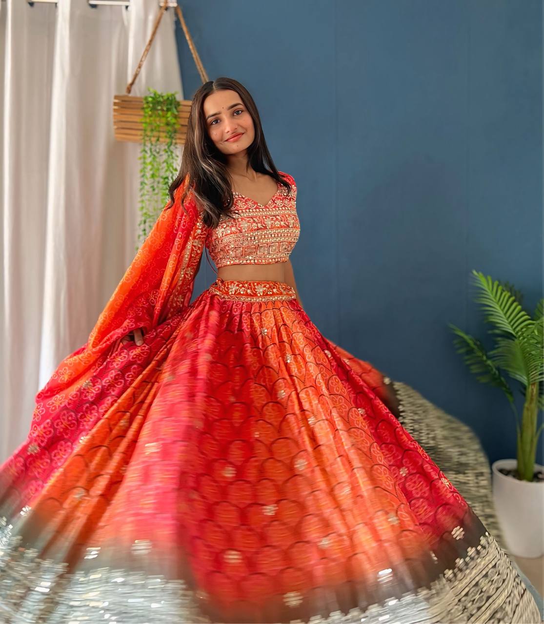 ORANGE CHINON SILK WITH DIGITAL PRINT AND EMBROIDERY SEQUENCE DESIGN WORK - INSPIRED | Ready To Wear - qivii