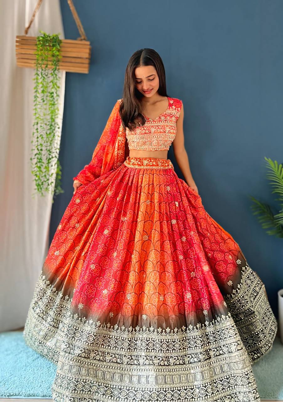 ORANGE CHINON SILK WITH DIGITAL PRINT AND EMBROIDERY SEQUENCE DESIGN WORK - INSPIRED | Ready To Wear - qivii