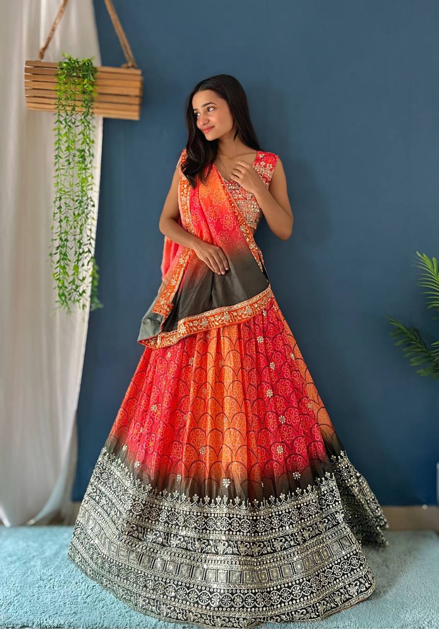 ORANGE CHINON SILK WITH DIGITAL PRINT AND EMBROIDERY SEQUENCE DESIGN WORK - INSPIRED | Ready To Wear - qivii