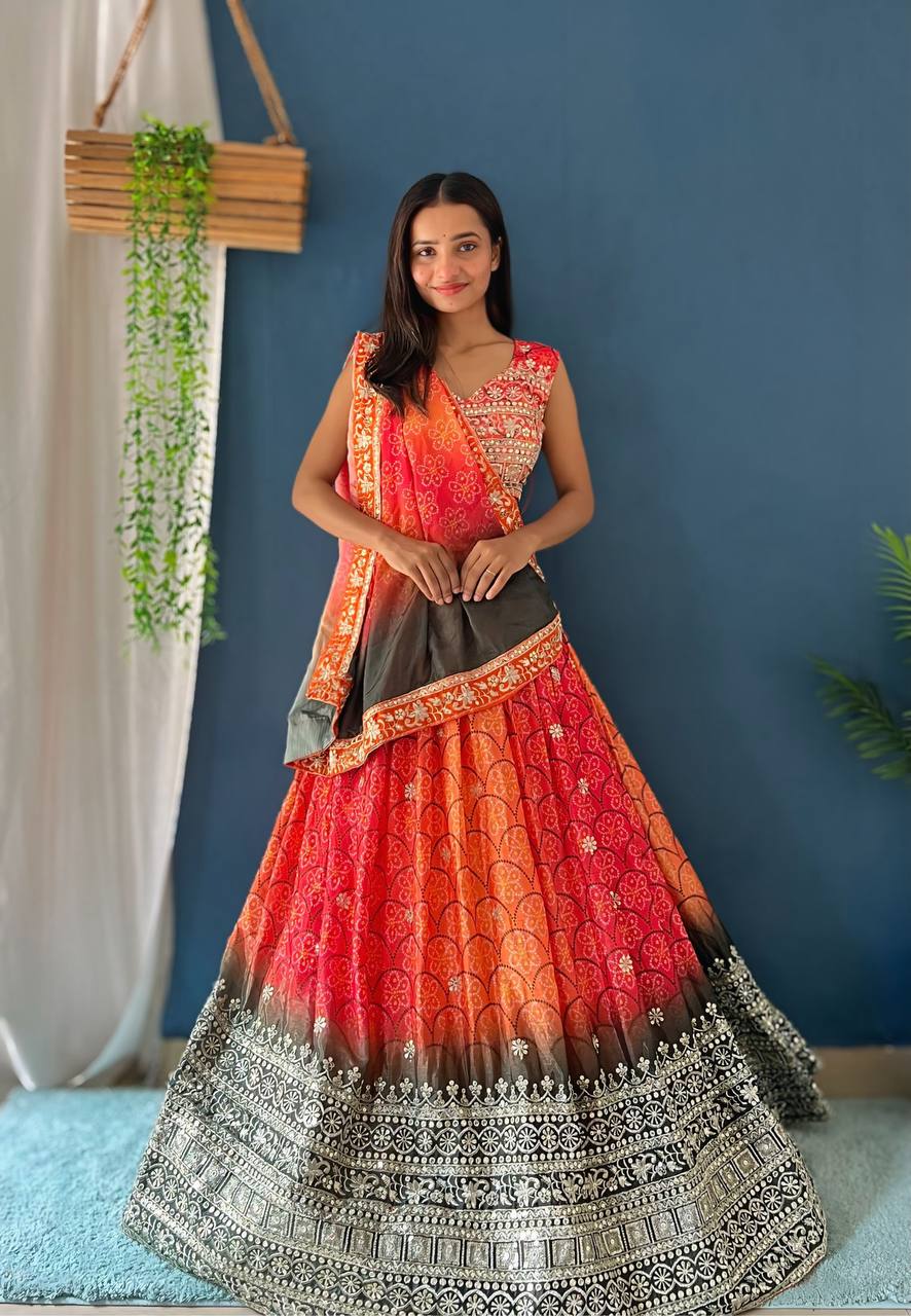 ORANGE CHINON SILK WITH DIGITAL PRINT AND EMBROIDERY SEQUENCE DESIGN WORK - INSPIRED | Ready To Wear - qivii