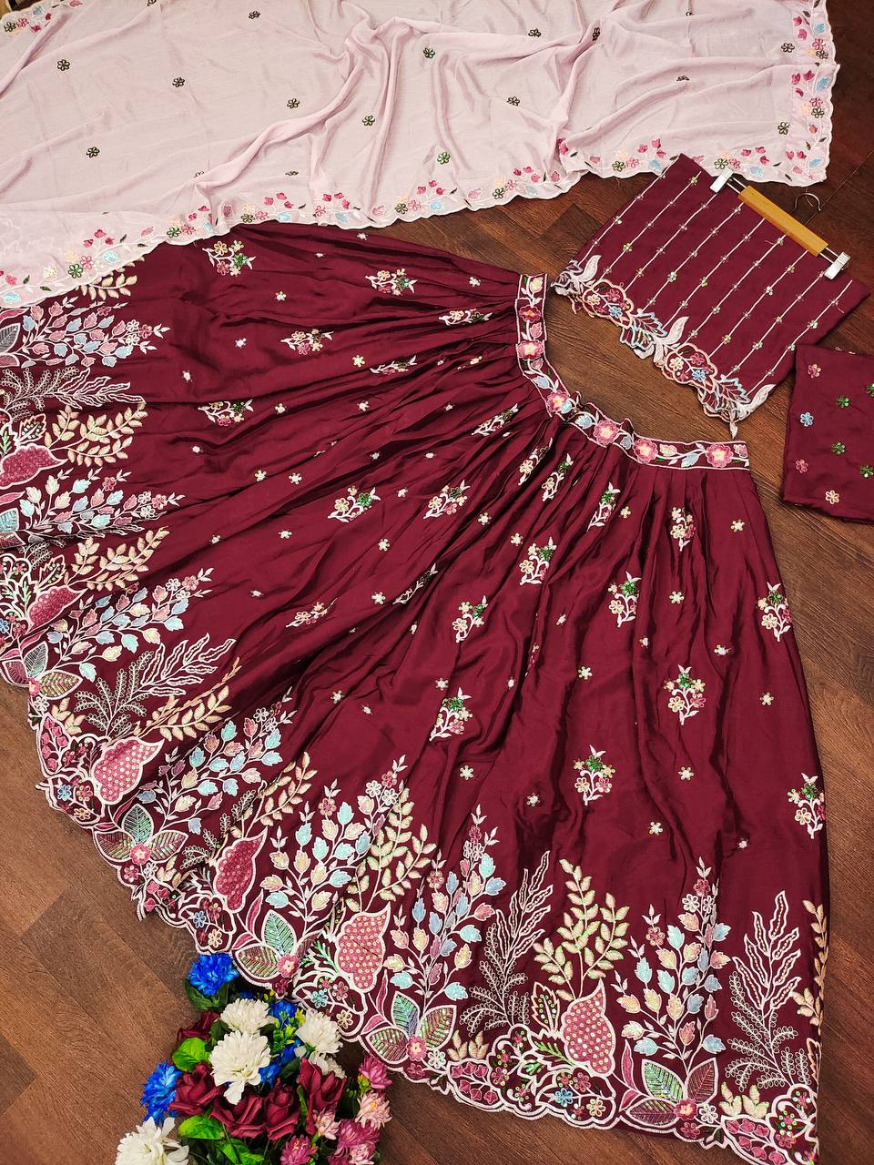 MAROON CHINON SILK WITH EMBROIDERY RAINBOW SEQUENCE AND THREAD DESIGN WORK LEHENGA - INSPIRED | Ready To Wear - qivii
