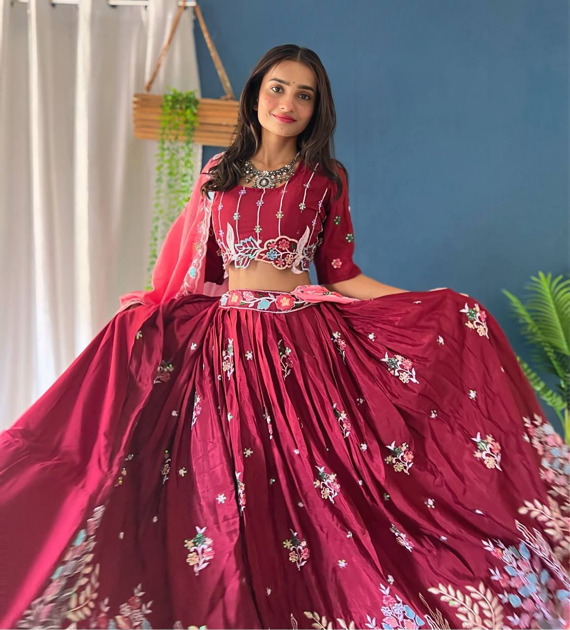MAROON CHINON SILK WITH EMBROIDERY RAINBOW SEQUENCE AND THREAD DESIGN WORK LEHENGA - INSPIRED | Ready To Wear - qivii