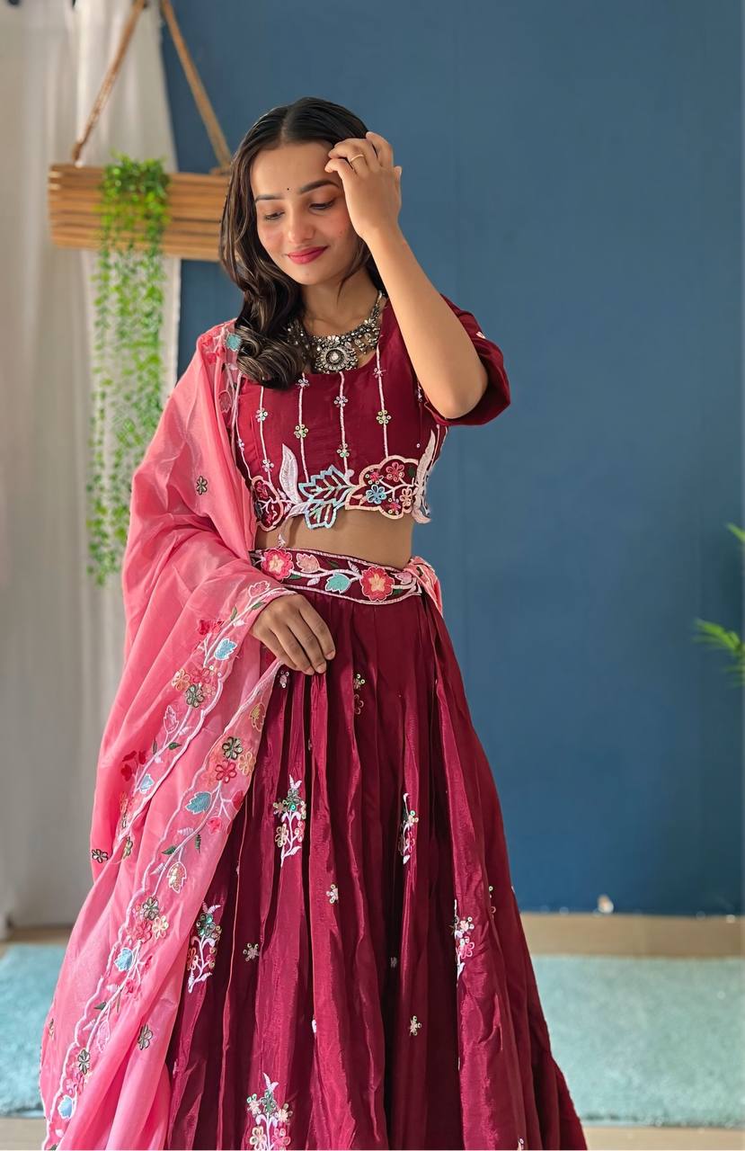 MAROON CHINON SILK WITH EMBROIDERY RAINBOW SEQUENCE AND THREAD DESIGN WORK LEHENGA - INSPIRED | Ready To Wear - qivii
