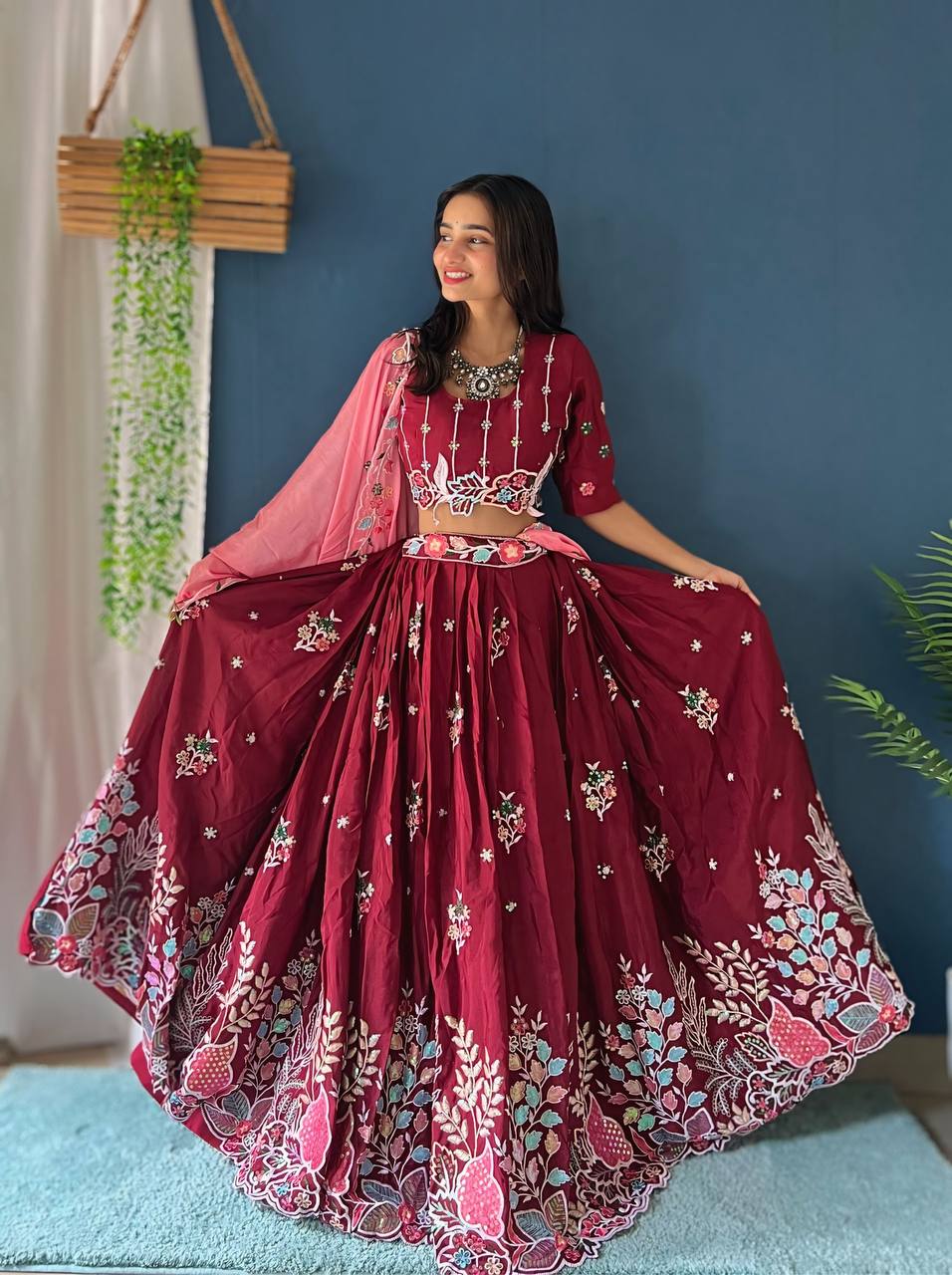 MAROON CHINON SILK WITH EMBROIDERY RAINBOW SEQUENCE AND THREAD DESIGN WORK LEHENGA - INSPIRED | Ready To Wear - qivii