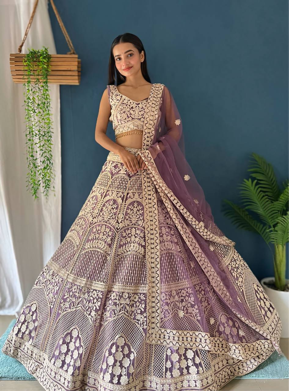 PURPLE HEAVY NET WITH EMBROIDERY SEQUENCE THREAD DESIGN WORK LEHENGA - INSPIRED | Ready To Wear - qivii