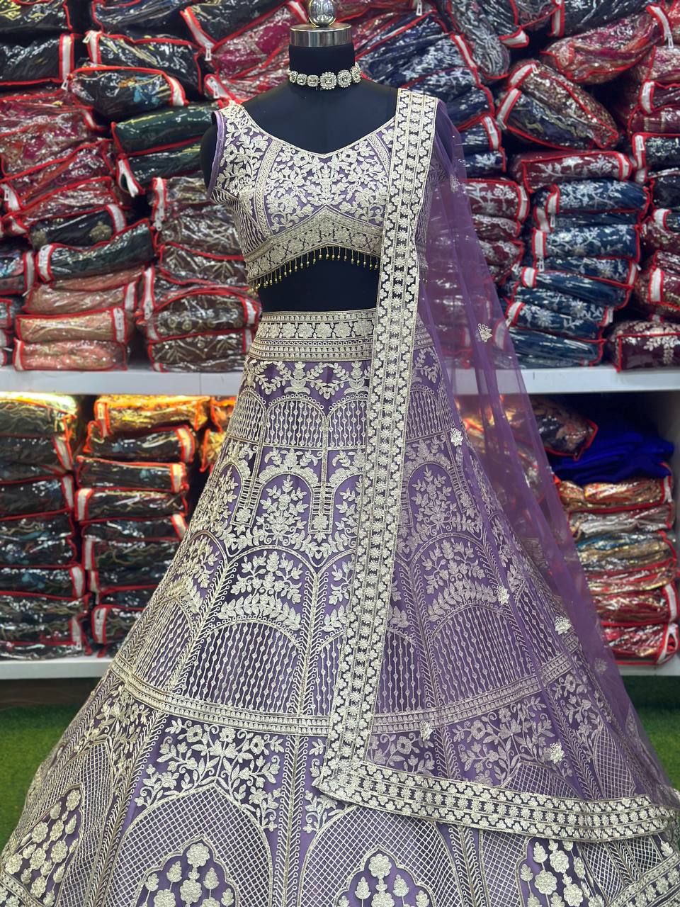PURPLE HEAVY NET WITH EMBROIDERY SEQUENCE THREAD DESIGN WORK LEHENGA - INSPIRED | Ready To Wear - qivii