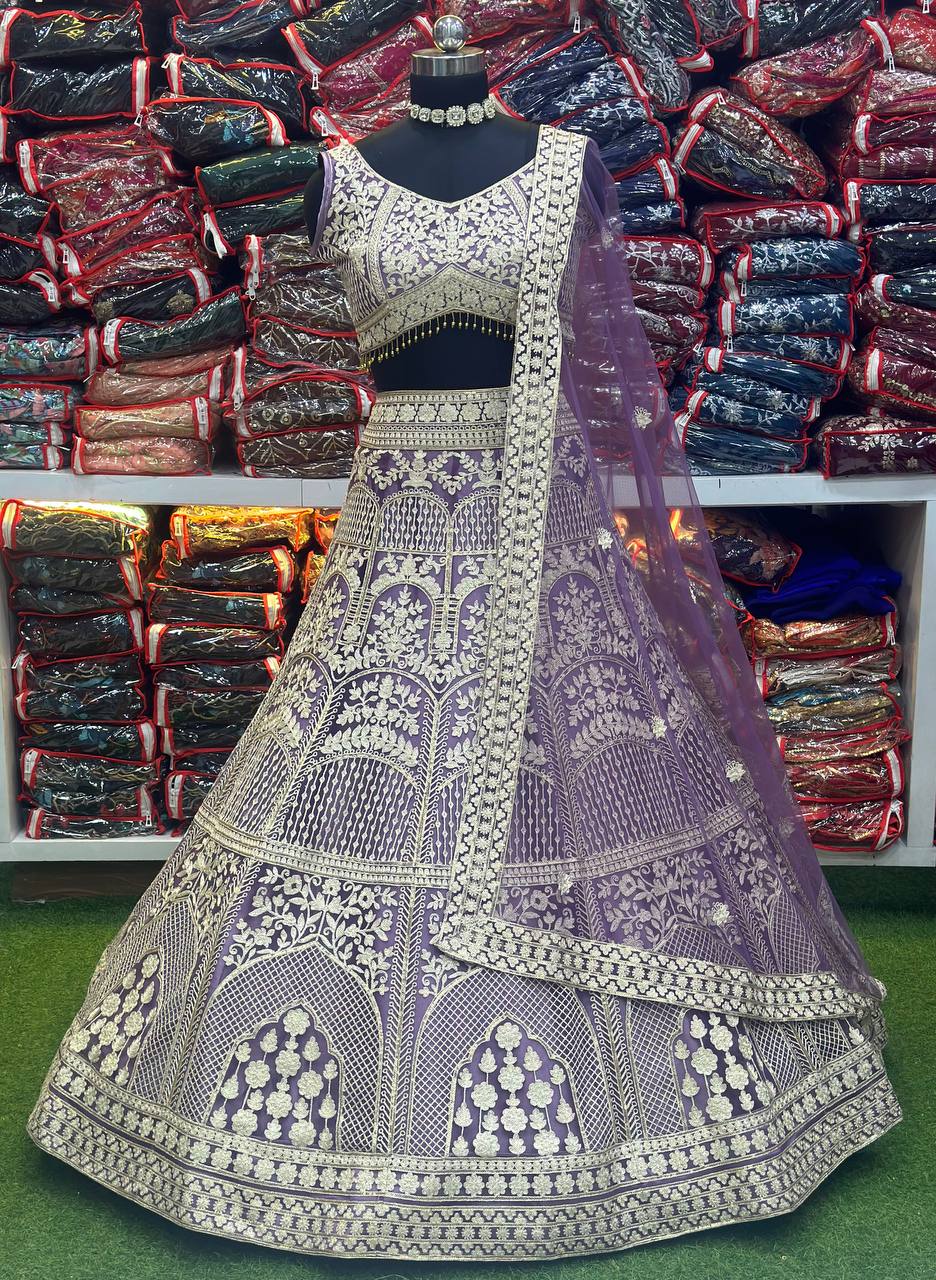 PURPLE HEAVY NET WITH EMBROIDERY SEQUENCE THREAD DESIGN WORK LEHENGA - INSPIRED | Ready To Wear - qivii